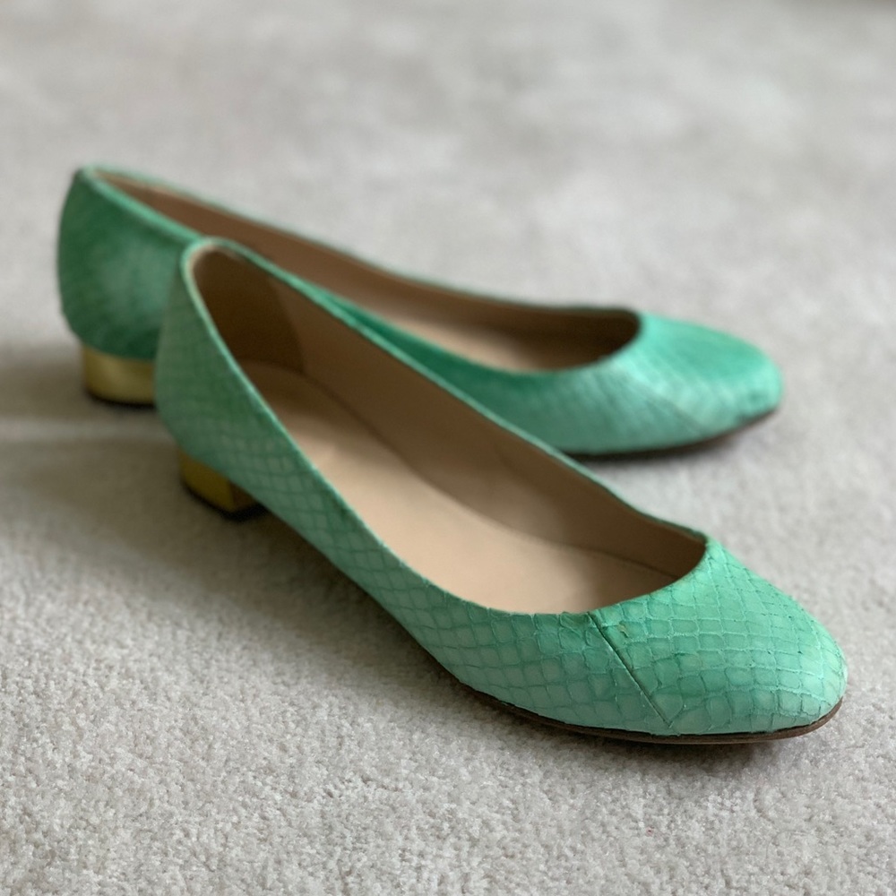 🌸HP🌸 Rare Find, J. Crew Collection Janey Snakeskin Flats, Metallic heels, 7.5
